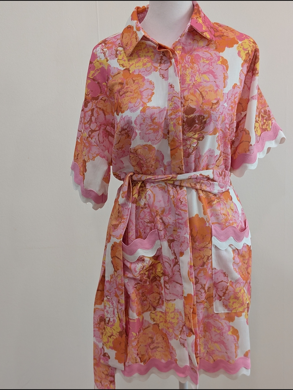 Fore Floral Tie-Waist Mini Shirt Dress in Pink & Orange - Picture 2 of 4